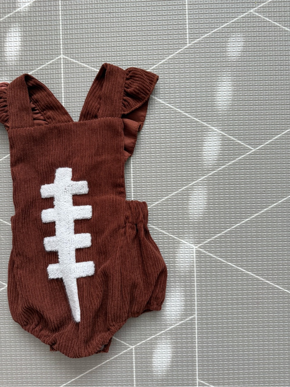 Small shop|Baby girl Brown Football bubble Romper in corduroy w White Stitch•••